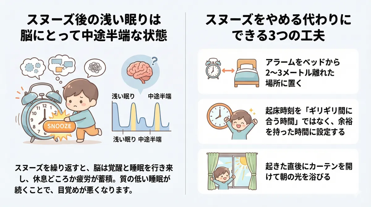スヌーズ後の浅い眠りは脳にとって中途半端な状態であること、スヌーズをやめる代わりにできる3つの工夫を紹介します。