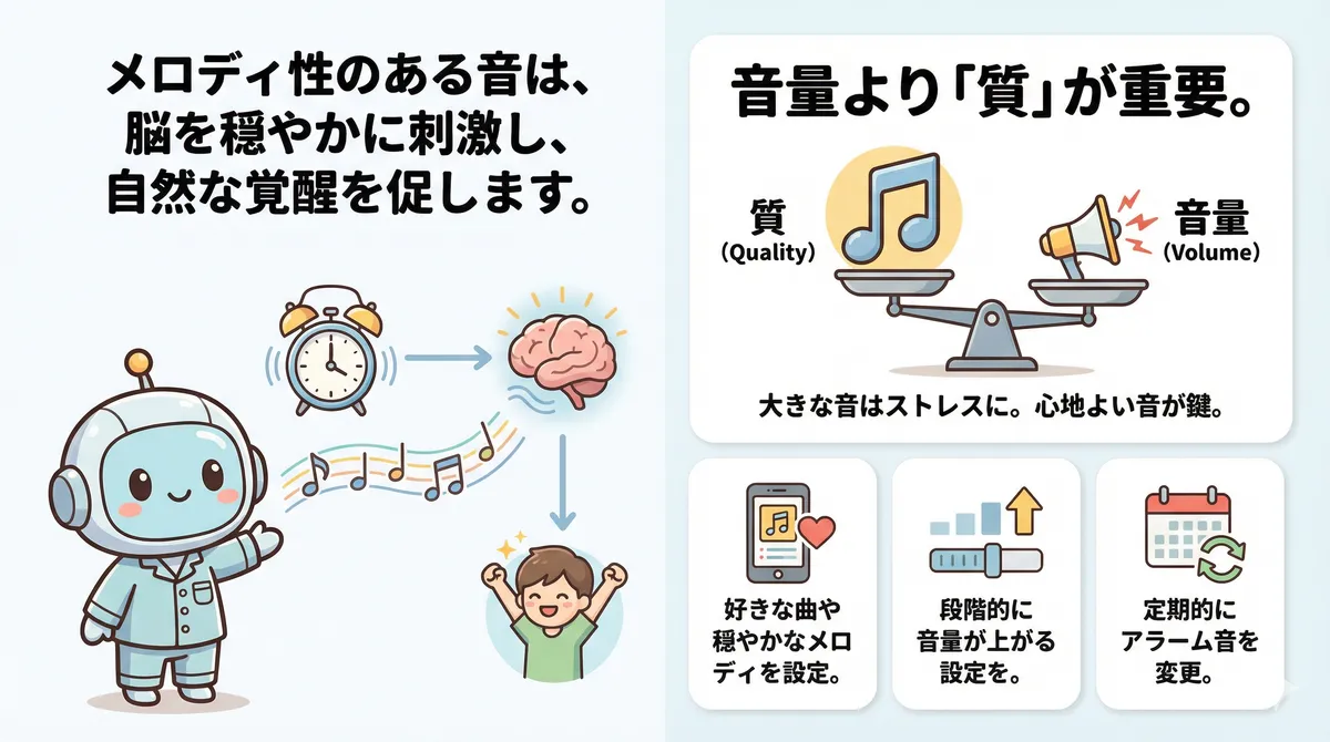 メロディ性のあるアラームが覚醒を助ける仕組みと、音量よりもアラーム音の「質」が大切であることを解説します。