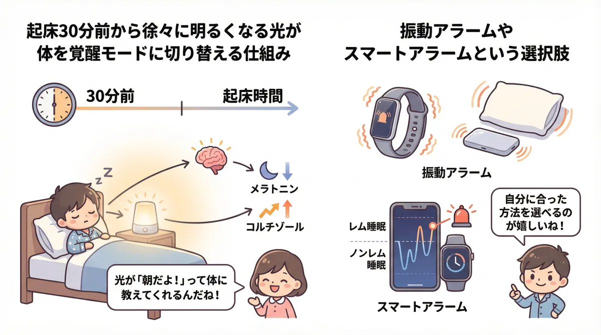 起床30分前から徐々に明るくなる光が体を覚醒モードに切り替える仕組みと、振動アラームやスマートアラームの選択肢を紹介します。