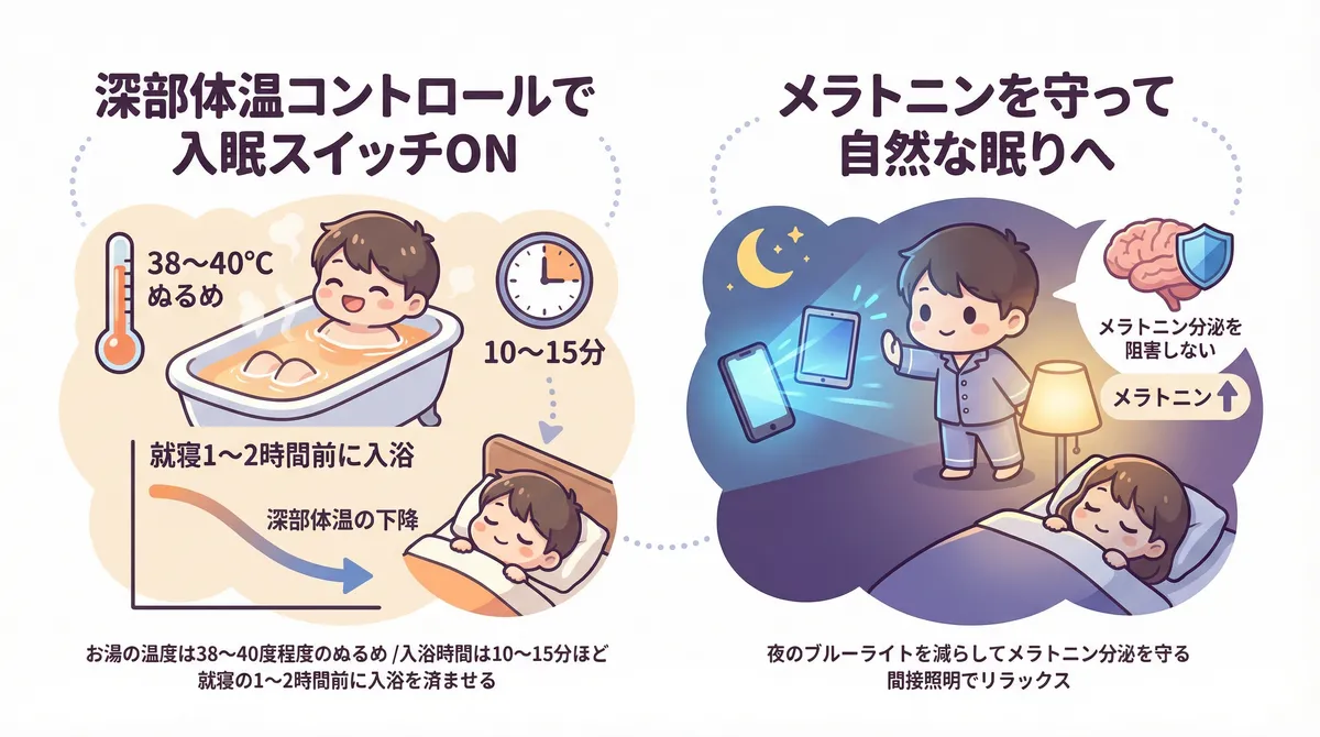 就寝1〜2時間前の入浴で深部体温の下降を利用する方法、夜のブルーライトを減らしてメラトニン分泌を守る方法を紹介します。