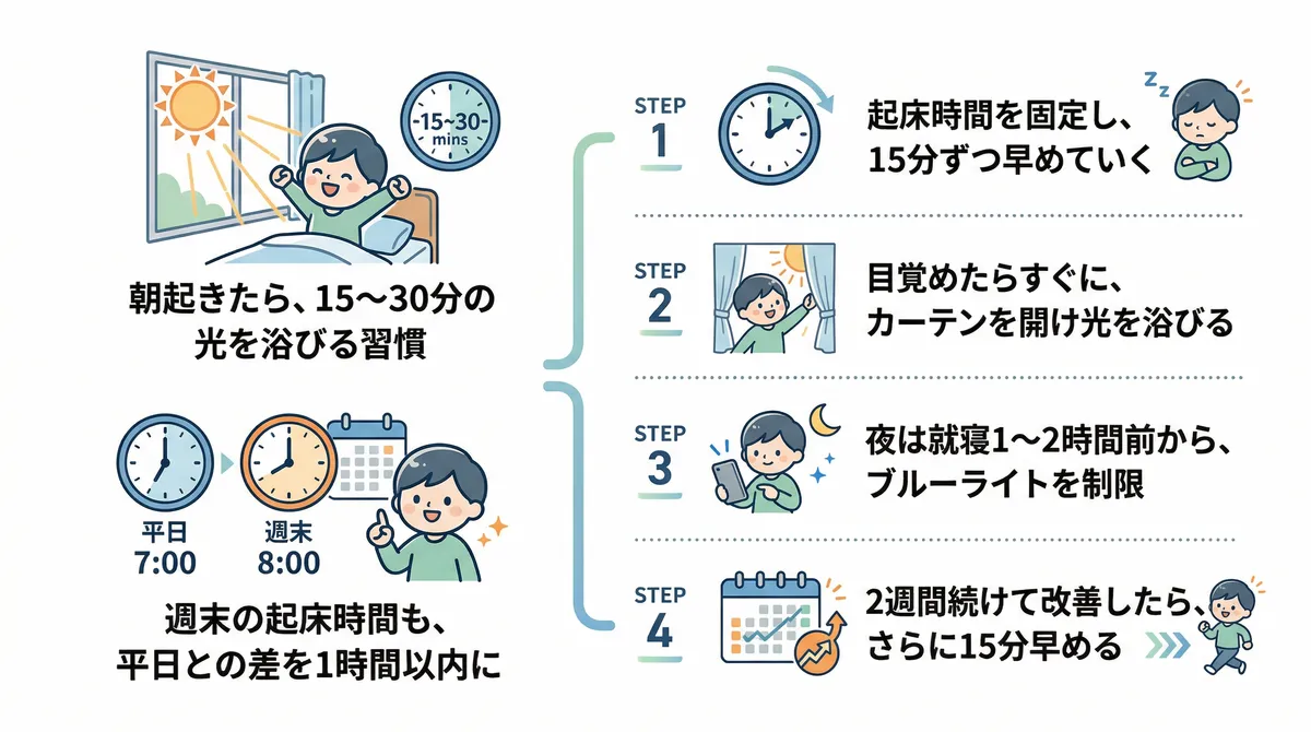 朝起きたら15〜30分の光を浴びる習慣をつけること、週末も平日との起床差を1時間以内にすることの重要性を解説します。