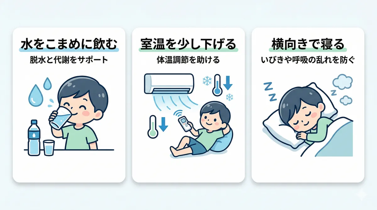 水をこまめに飲んで脱水とアルコール代謝をサポートすること、室温を少し下げて体温調節を助けること、横向きで寝ていびきや呼吸の乱れを防ぐ方法を紹介します。