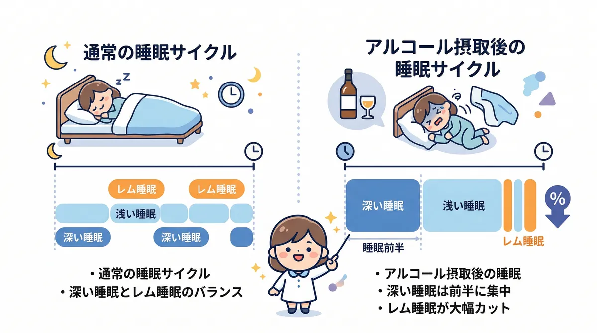 深い睡眠は前半だけ増えて全体では不足すること、レム睡眠が大幅にカットされることを説明します。