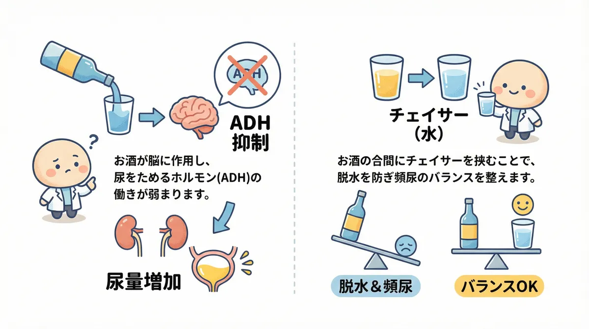 尿をためるホルモンの働きが弱まる仕組みと、チェイサーで脱水と頻尿のバランスをとる方法を解説します。