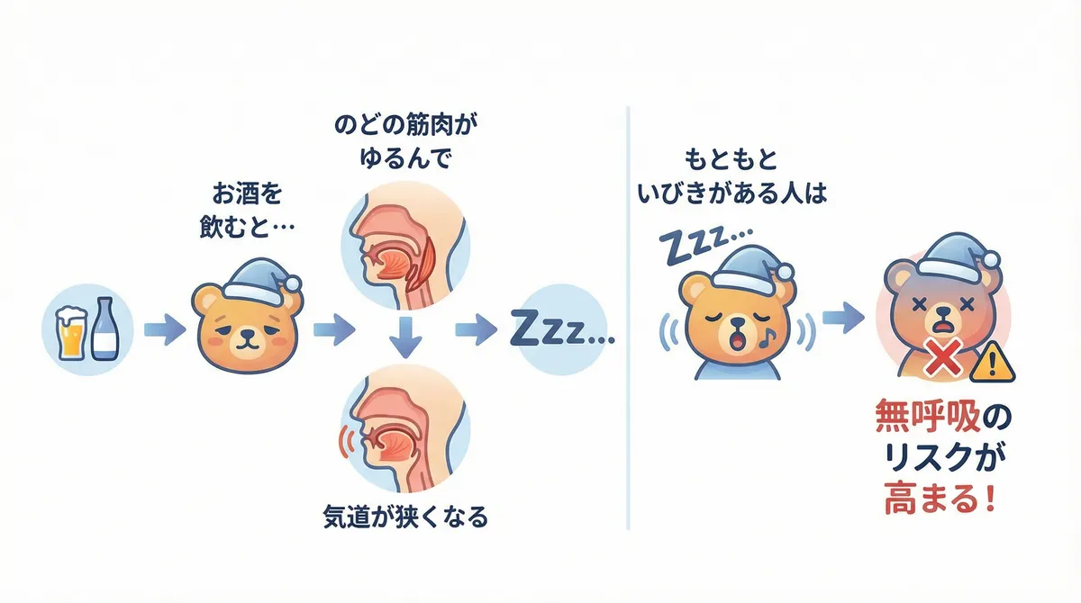 のどの筋肉がゆるんで気道が狭くなること、もともといびきがある人は無呼吸のリスクが高まることを説明します。