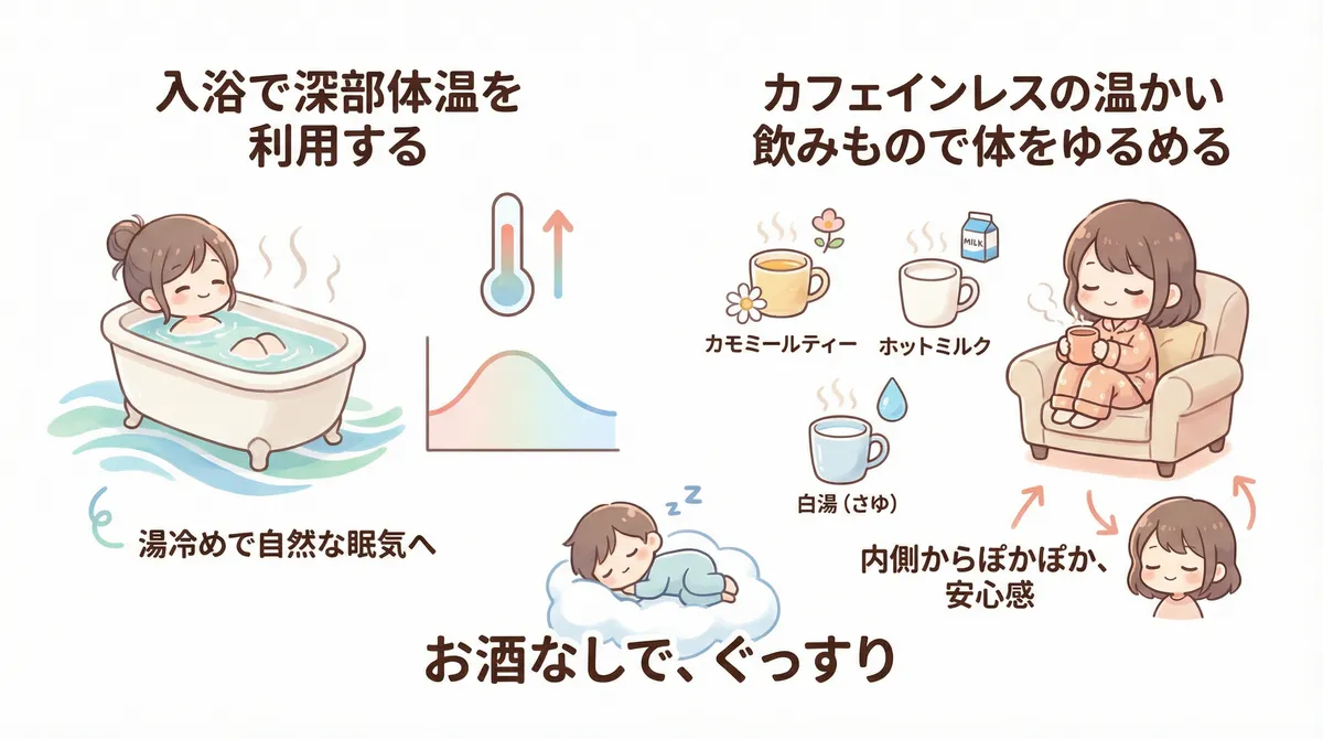 入浴のタイミングで深部体温を利用する方法や、カフェインレスの温かい飲みもので体をゆるめる方法を紹介します。