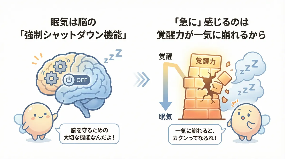眠気は脳の「強制シャットダウン機能」であること、「急に」感じるのは覚醒力が一気に崩れるからであることを解説します。