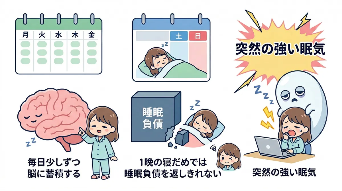 睡眠負債は毎日少しずつ脳に蓄積すること、1晩の寝だめでは返しきれないことを研究データとともに解説します。