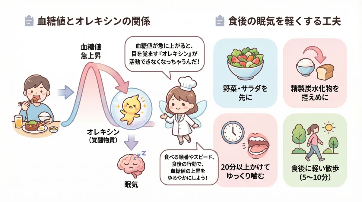 血糖値の急上昇が覚醒を維持するオレキシンを抑える仕組みと、食後の眠気を軽くする食事の工夫を紹介します。