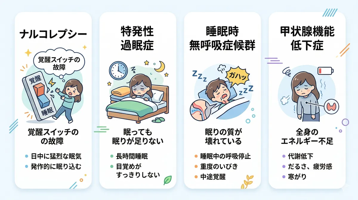 ナルコレプシー、特発性過眠症、睡眠時無呼吸症候群、甲状腺機能低下症の4つの疾患の特徴を解説します。