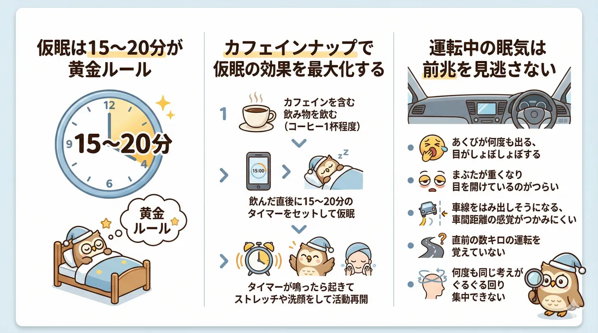仮眠は15〜20分が黄金ルール、カフェインナップで仮眠の効果を最大化する方法、運転中の眠気の前兆を見逃さない方法を解説します。