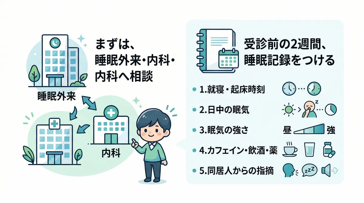 まずは睡眠外来や内科で相談すること、受診前に2週間の睡眠記録をつけておくことの重要性を案内します。