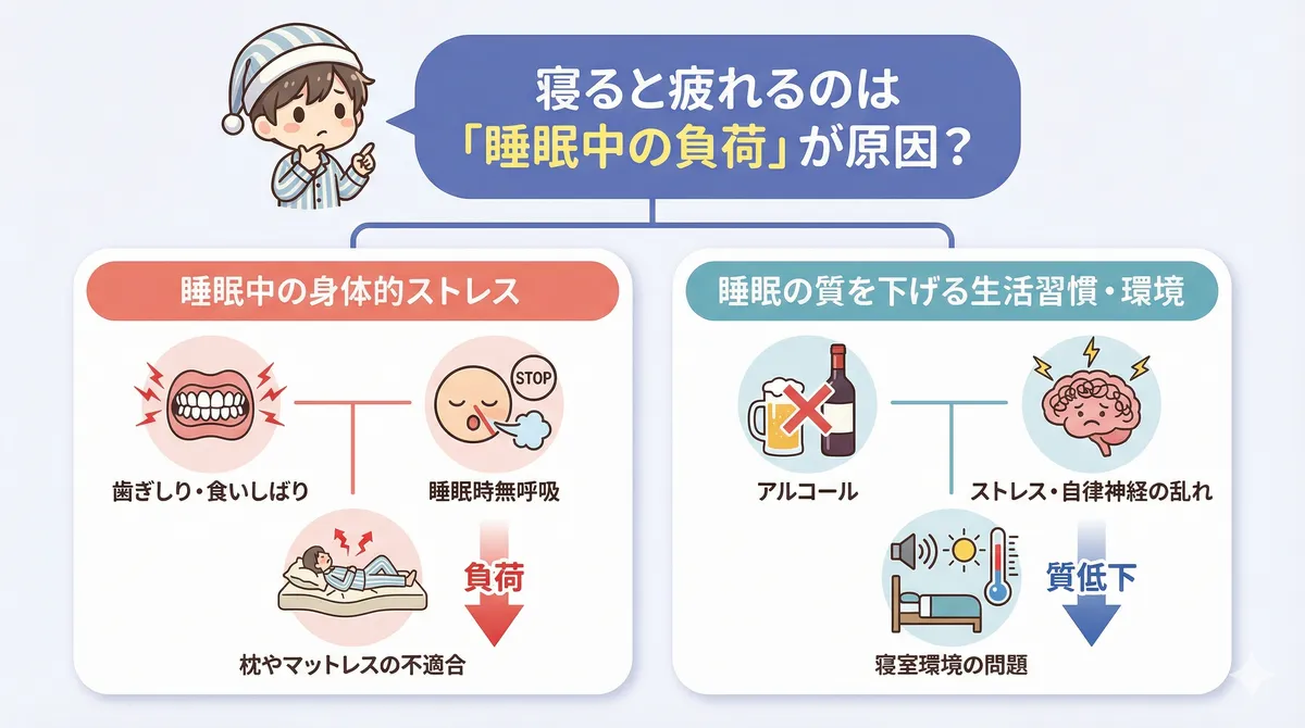 原因を「睡眠中の身体的ストレス」と「睡眠の質を下げる生活習慣・環境」の2つに整理します。