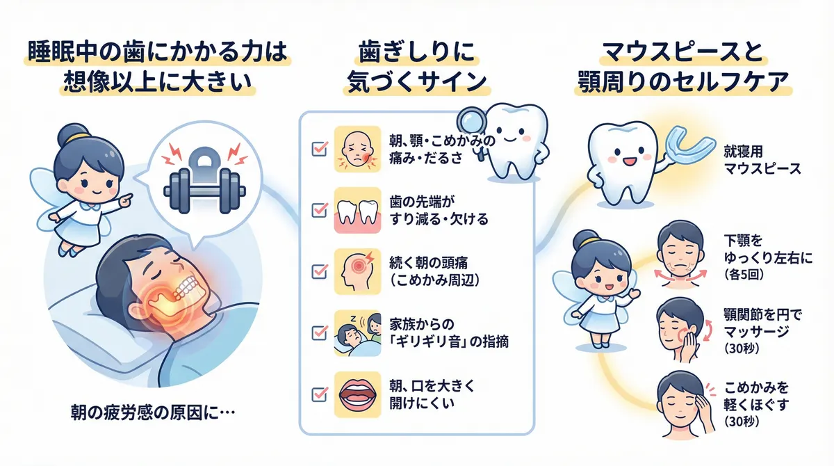 睡眠中に歯にかかる力は想像以上に大きいこと、歯ぎしりに気づくためのサイン、マウスピースと顎周りのセルフケアの方法を解説します。