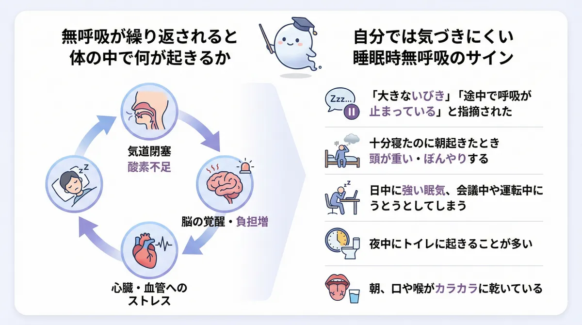 無呼吸が繰り返されると体の中で何が起きるか、自分では気づきにくい睡眠時無呼吸のサインを紹介します。