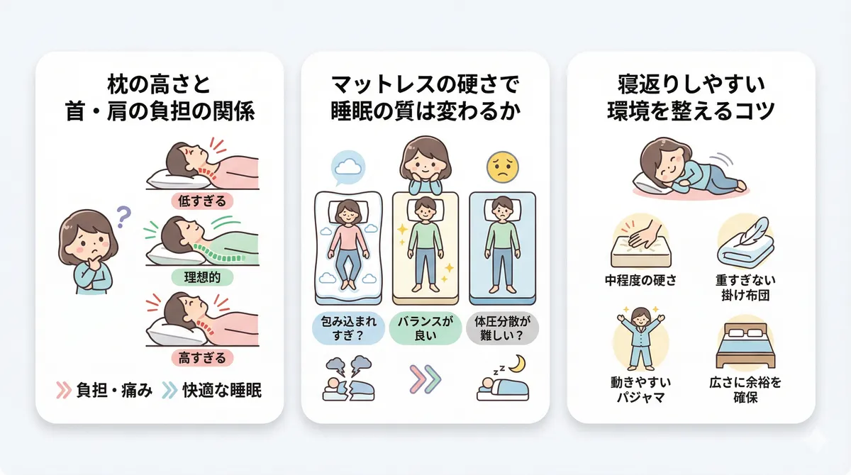 枕の高さと首・肩の負担の関係、マットレスの硬さによる睡眠の質への影響、寝返りしやすい環境を整えるコツを解説します。