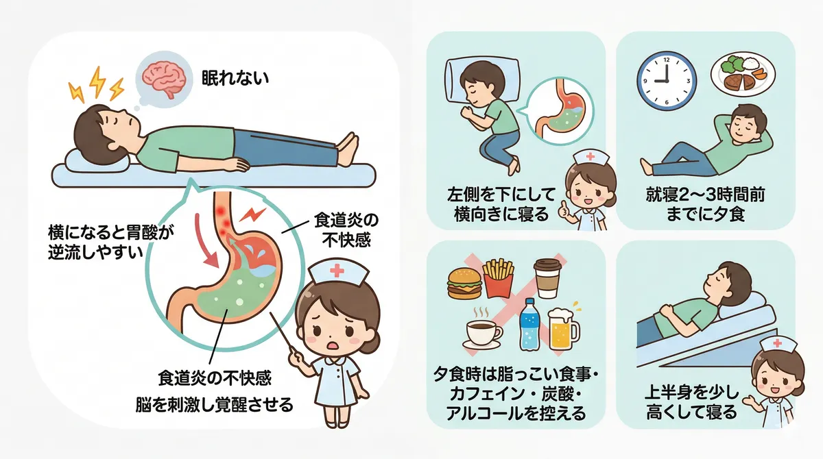 夜間の胃酸逆流が睡眠を妨げるしくみと、逆流を減らす寝方と食事の工夫を紹介します。