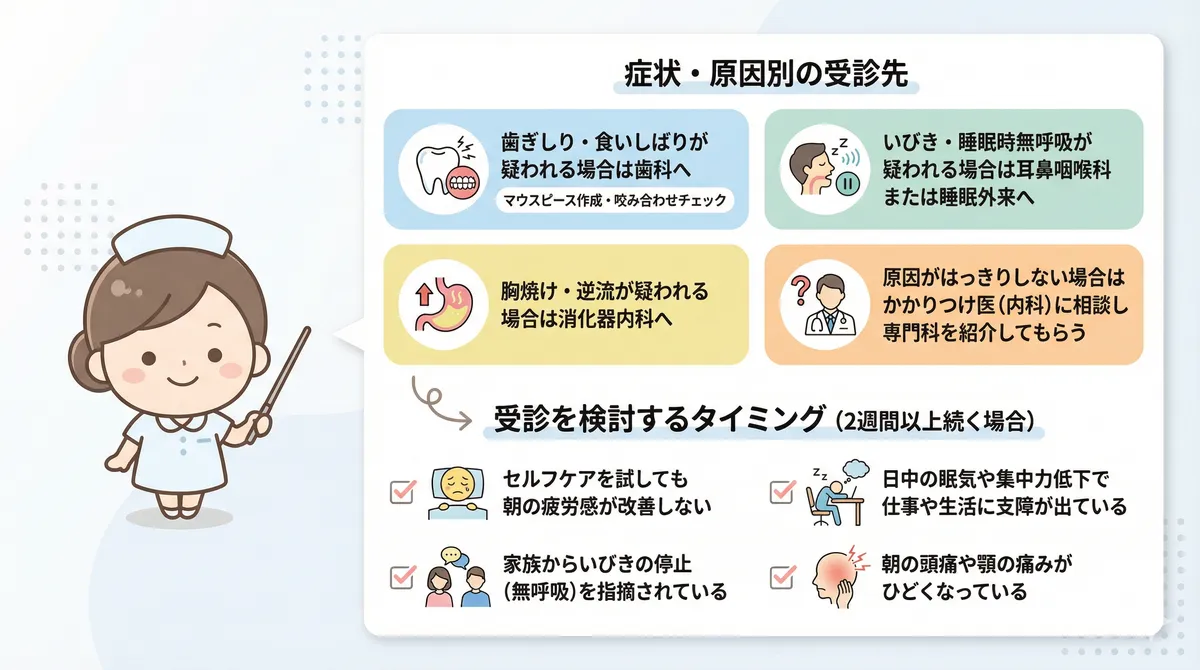 症状・原因別の受診先と、受診を検討するタイミングの目安を案内します。