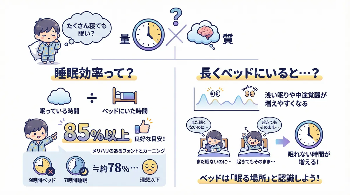 睡眠効率とは何かを解説し、長くベッドにいるほど睡眠効率が下がる理由を説明します。