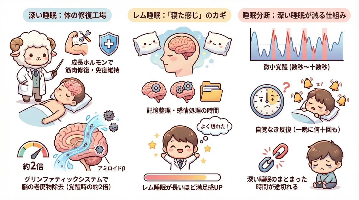 深い睡眠が果たす修復の役割、レム睡眠が「寝た感じ」のカギを握ること、睡眠が分断されると深い睡眠が減る仕組みを解説します。