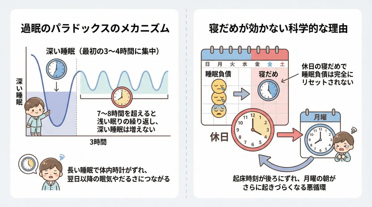 過眠のパラドックスのメカニズムと、寝だめが効かない科学的な理由を説明します。