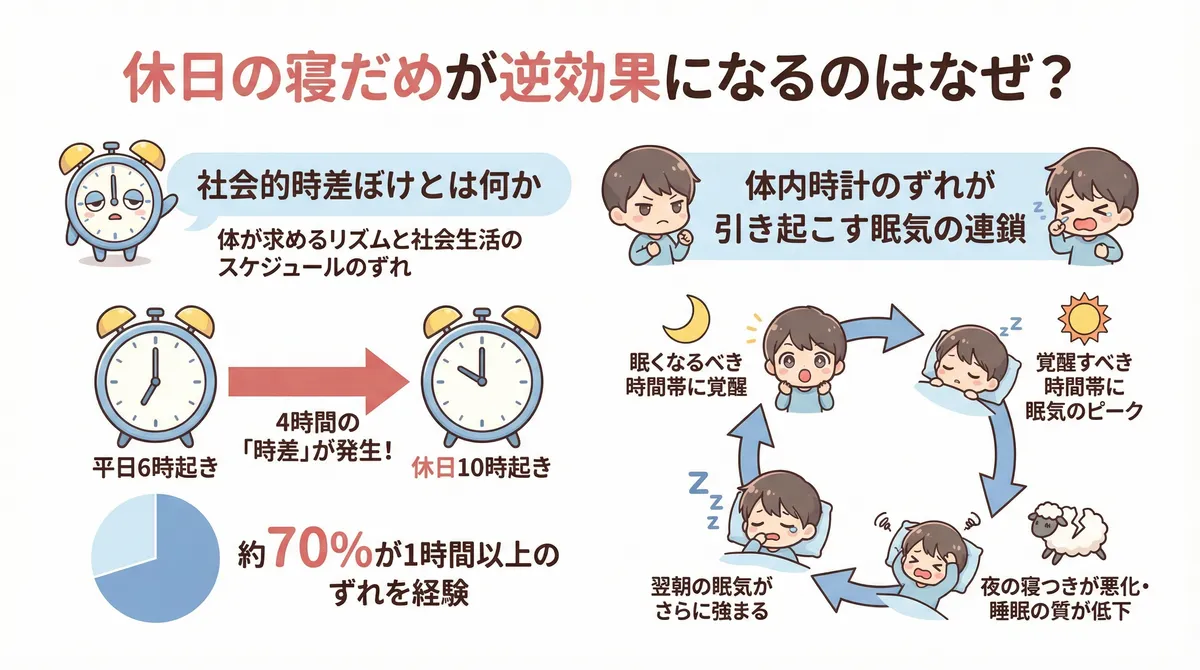 社会的時差ぼけとは何か、体内時計のずれが引き起こす眠気の連鎖を解説します。