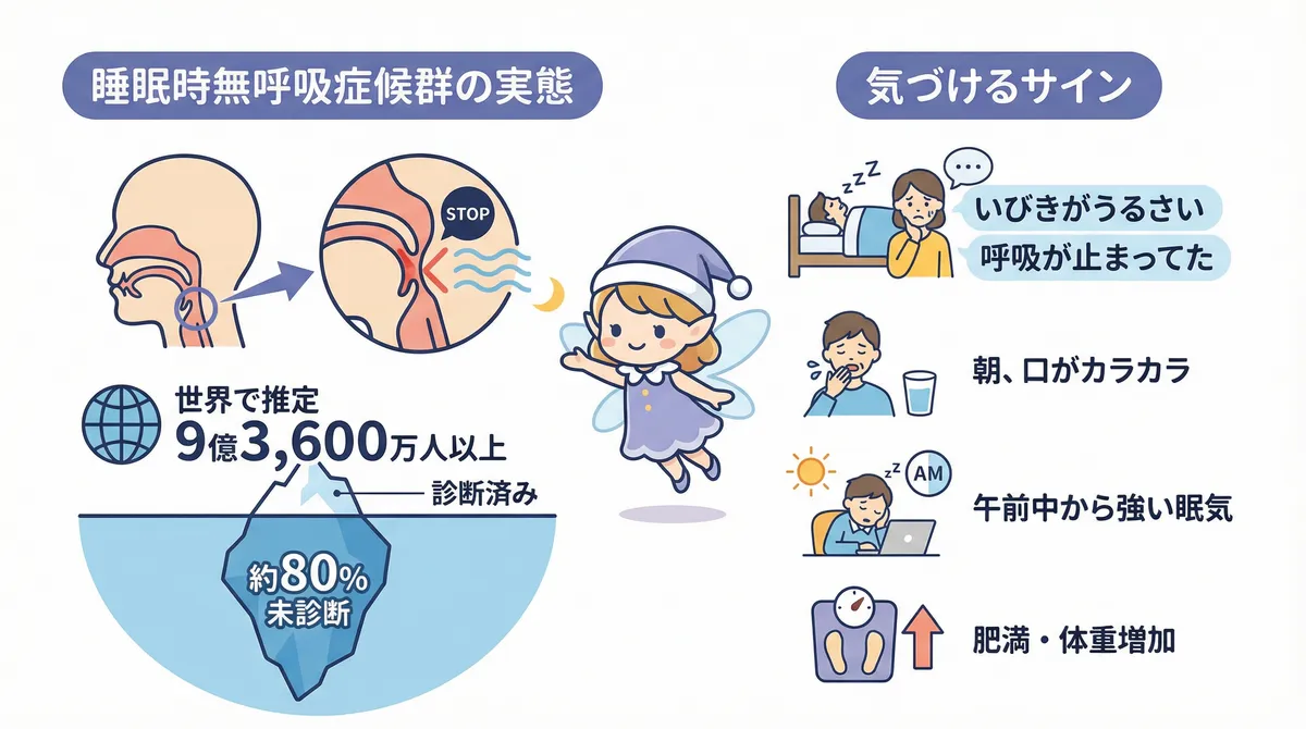 睡眠時無呼吸症候群の実態と、自分や家族が気づけるサインを紹介します。