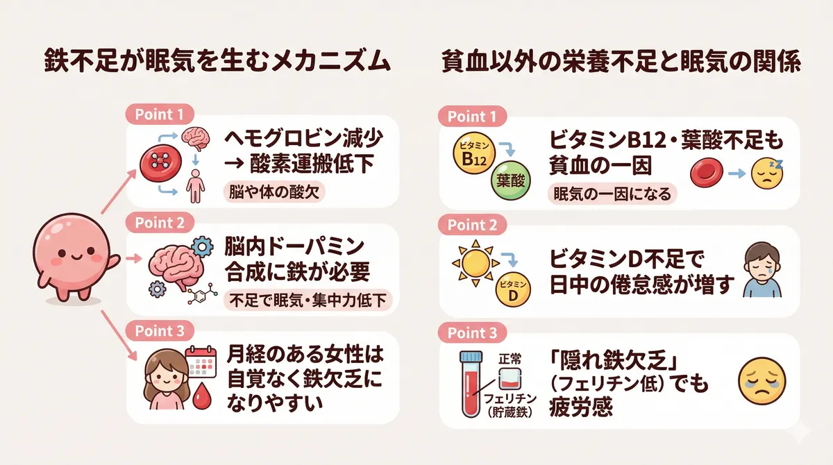 鉄不足が眠気を生むメカニズムと、貧血以外の栄養不足と眠気の関係を解説します。