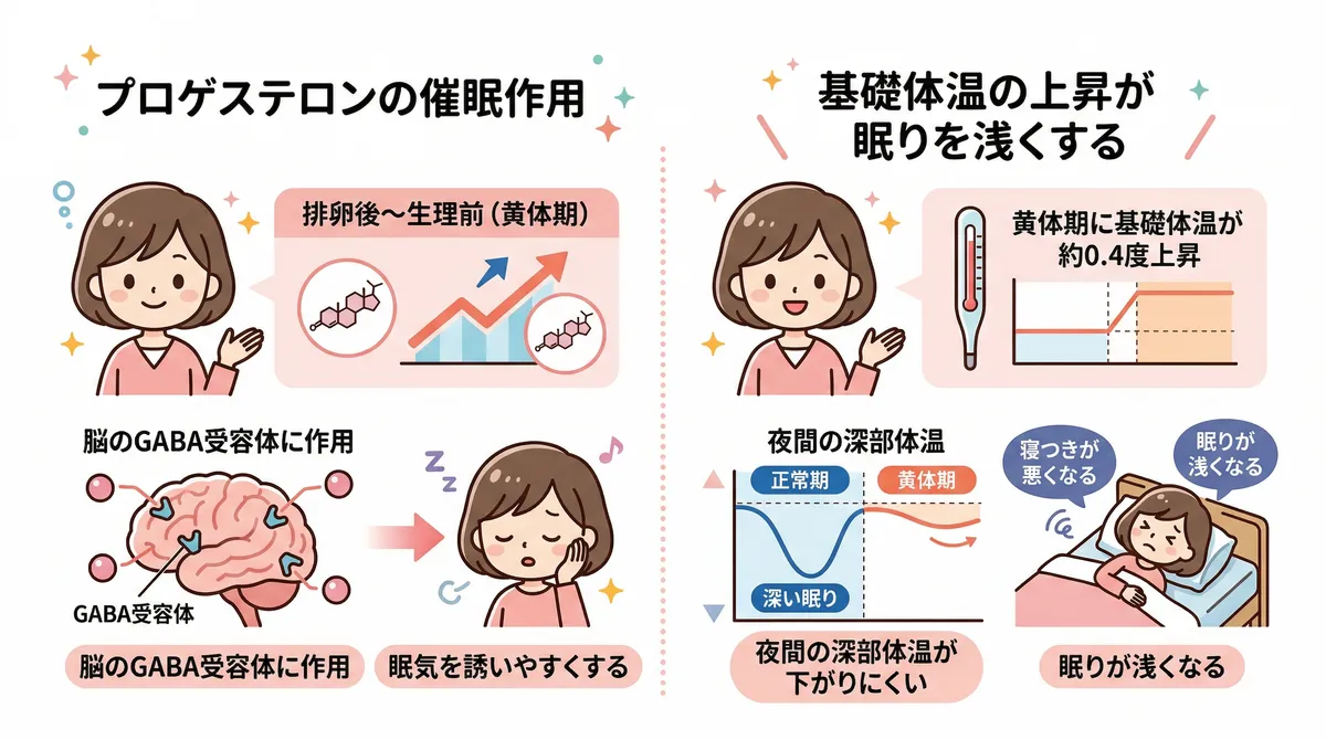 プロゲステロンの催眠作用と、基礎体温の上昇が眠りを浅くするメカニズムを解説します。