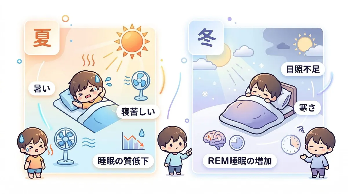 夏の眠気は暑さによる睡眠の質低下、冬の眠気は日照不足とREM睡眠の増加という違いを説明します。