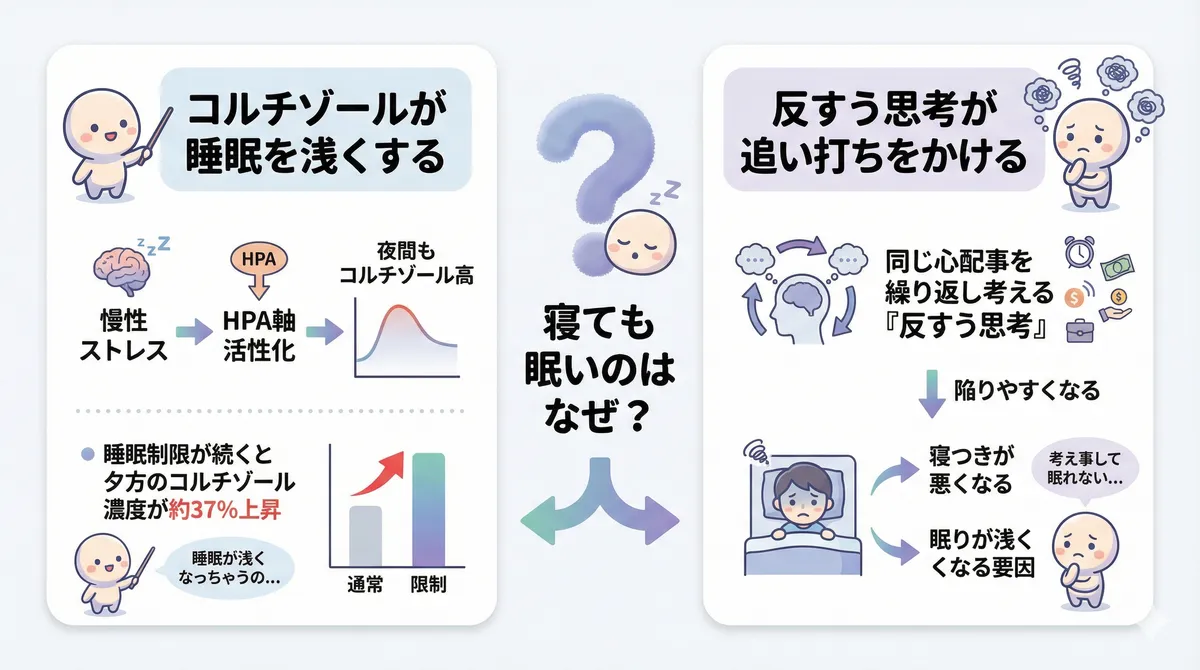 コルチゾールが睡眠を浅くするメカニズムと、反すう思考が追い打ちをかける仕組みを解説します。