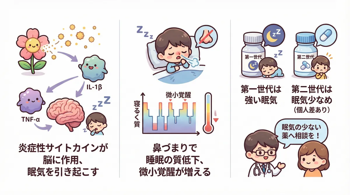 アレルギー反応そのものが眠気を生むこと、抗ヒスタミン薬の副作用にも注意が必要なことを説明します。