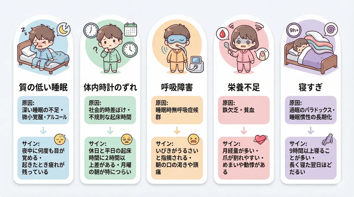たくさん寝ても眠い原因を5タイプに分類し、それぞれの主な原因と典型的なサインを示します。