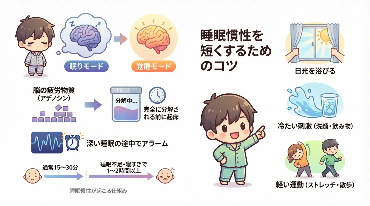 睡眠慣性が起こる仕組みと、睡眠慣性を短くするためのコツを紹介します。