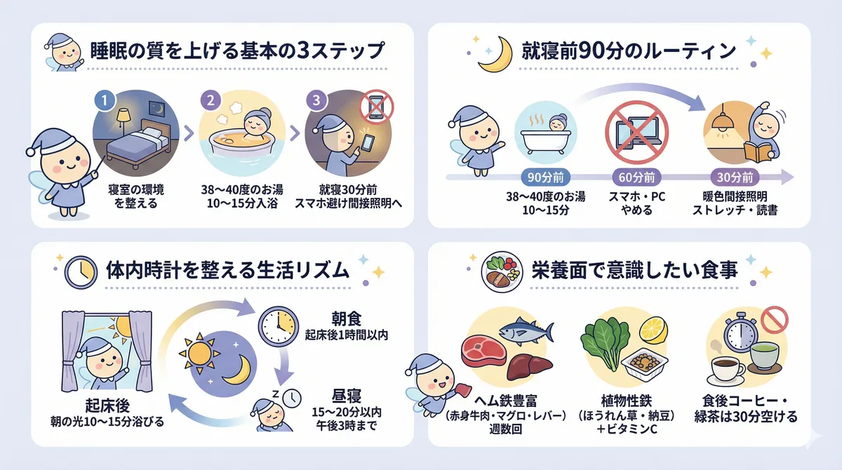 睡眠の質を上げる基本の3ステップ、就寝前90分のルーティン、体内時計の整え方、栄養面のポイントを具体的に解説します。
