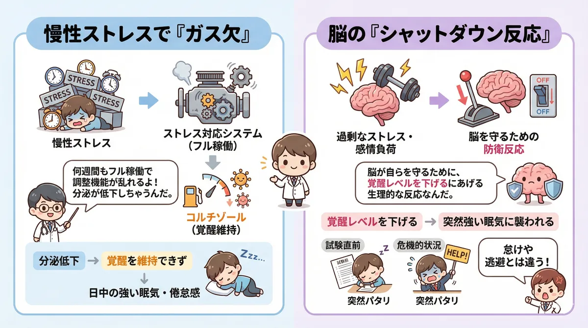 慢性ストレスでストレス対応システムが「ガス欠」になること、脳が自らブレーキをかける「シャットダウン反応」を解説します。