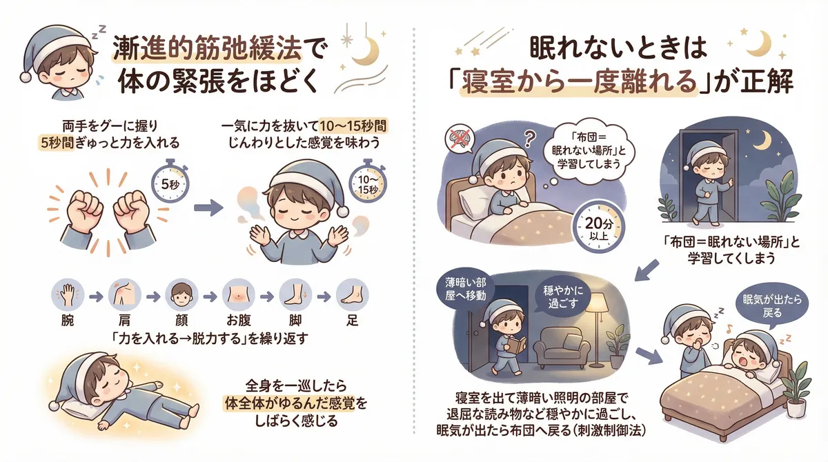 漸進的筋弛緩法で体の緊張をほどく方法と、眠れないときは寝室から一度離れるのが正解であることを解説します。