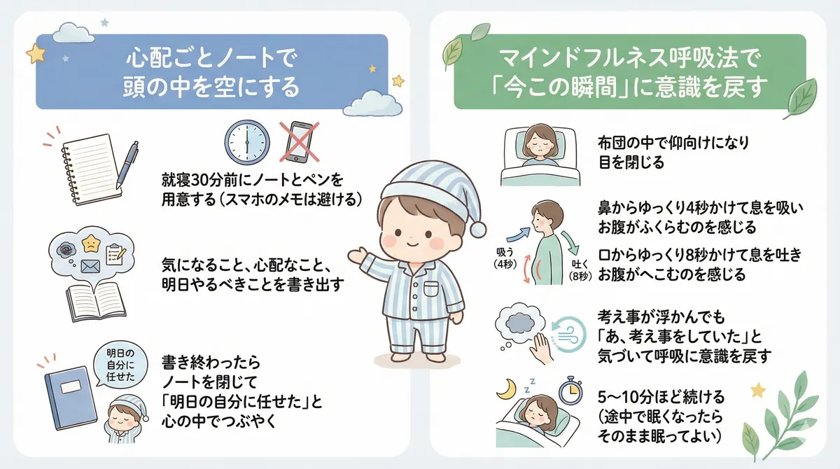 「心配ごとノート」で頭の中を空にする方法と、マインドフルネス呼吸法で「今この瞬間」に意識を戻す方法を紹介します。