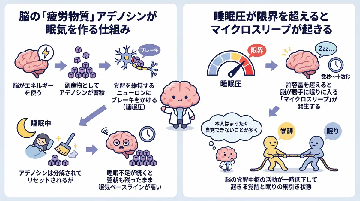 脳の疲労物質アデノシンが眠気を作る仕組みと、睡眠圧が限界を超えるとマイクロスリープが起きることを解説します。