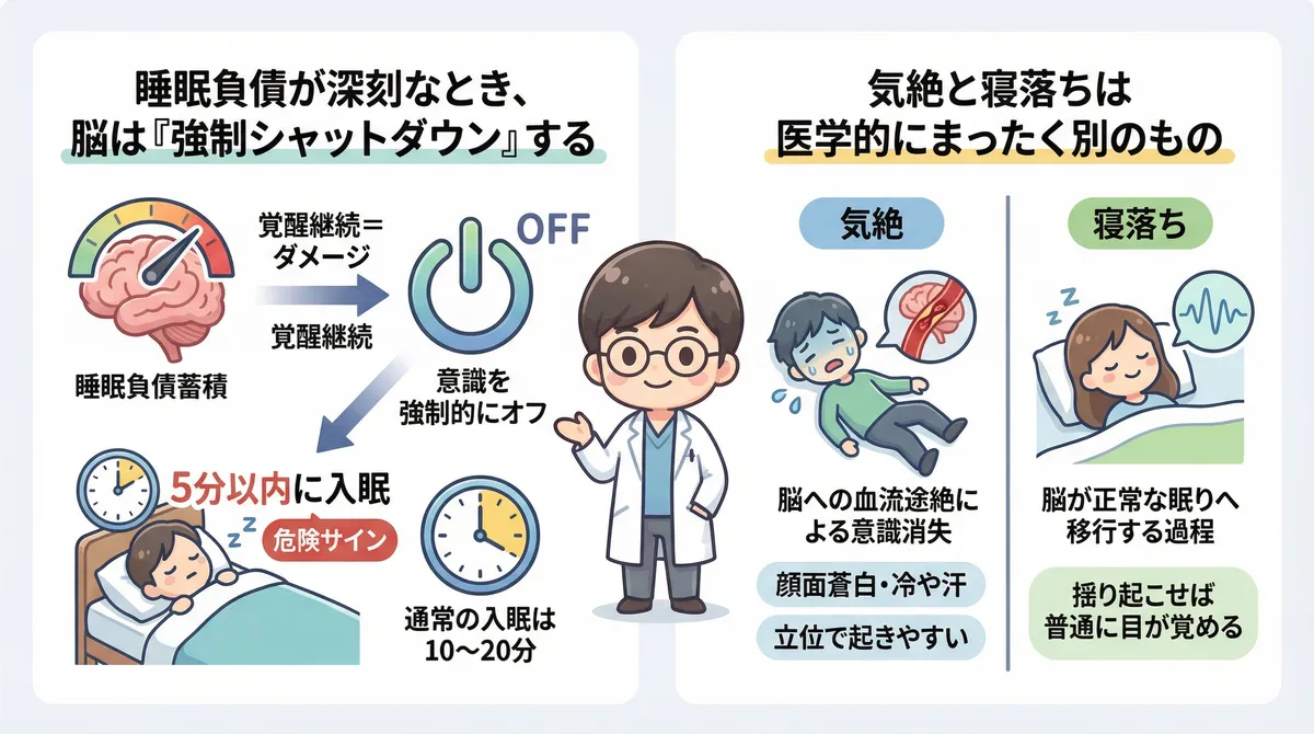 睡眠負債が深刻なとき脳は「強制シャットダウン」すること、気絶と寝落ちは医学的にまったく別のものであることを説明します。