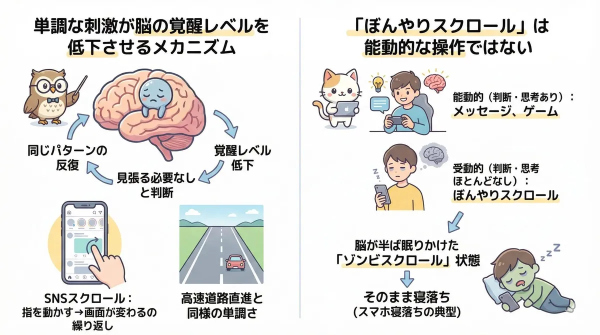 単調な刺激が脳の覚醒レベルを低下させるメカニズムと、「ぼんやりスクロール」は能動的な操作ではないことを説明します。
