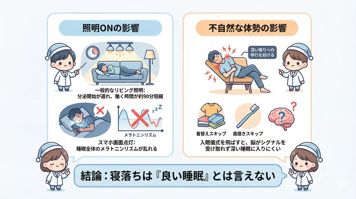 照明をつけたまま眠るとメラトニンの働きが妨げられること、不自然な体勢が深い眠りを妨げることを解説します。