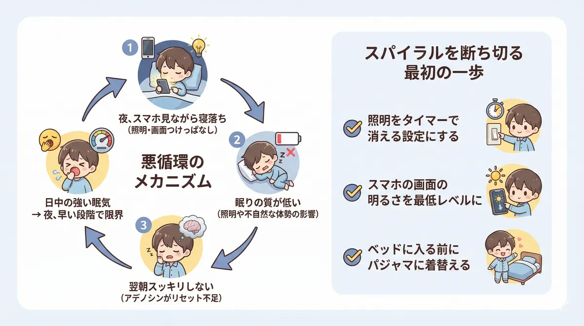 悪循環のメカニズムを整理し、スパイラルを断ち切る最初の一歩を紹介します。