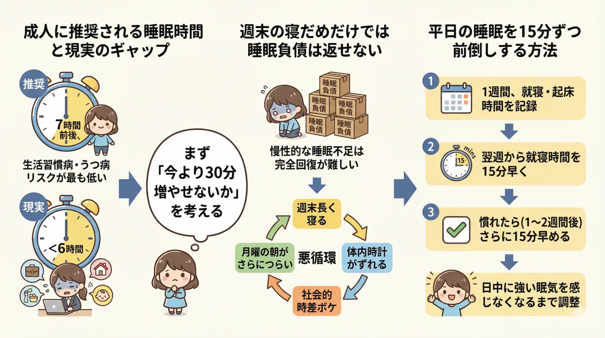 成人に推奨される睡眠時間と現実のギャップ、週末の寝だめでは睡眠負債は返せないこと、平日の睡眠を15分ずつ前倒しする方法を紹介します。