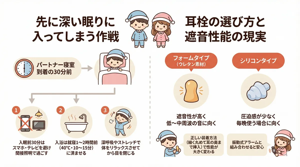先に深い眠りに入ってしまう作戦や、耳栓の選び方と遮音性能の現実を紹介します。