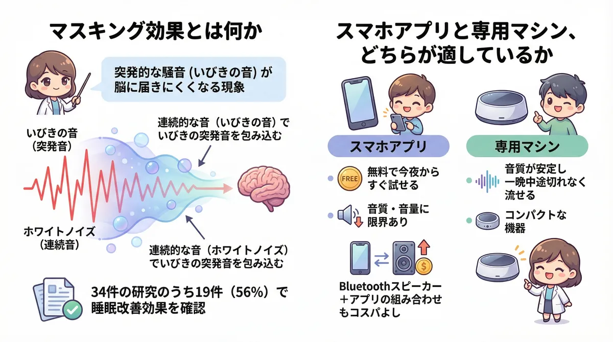 マスキング効果とは何か、スマホアプリと専用マシンのどちらが適しているかを解説します。
