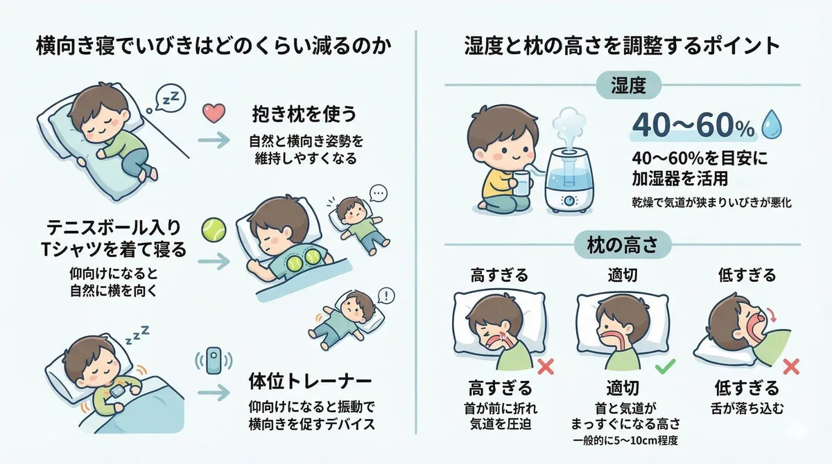 横向き寝でいびきがどのくらい減るか、湿度と枕の高さを調整するポイントを紹介します。