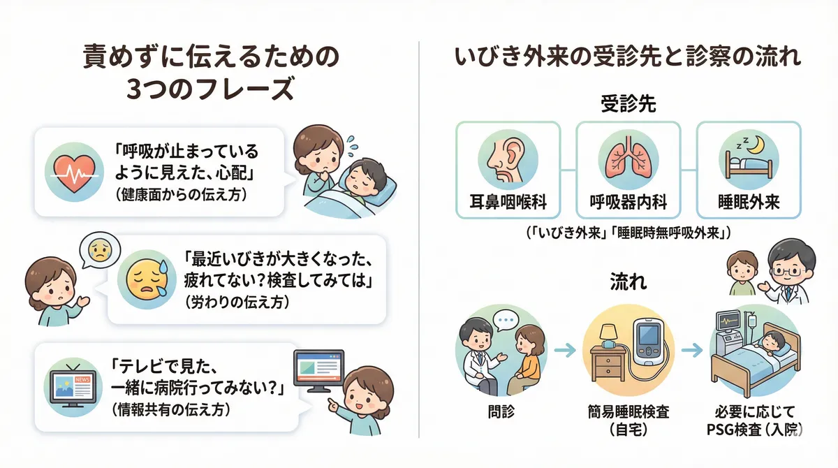 責めずに伝えるための3つのフレーズと、いびき外来の受診先と診察の流れを紹介します。