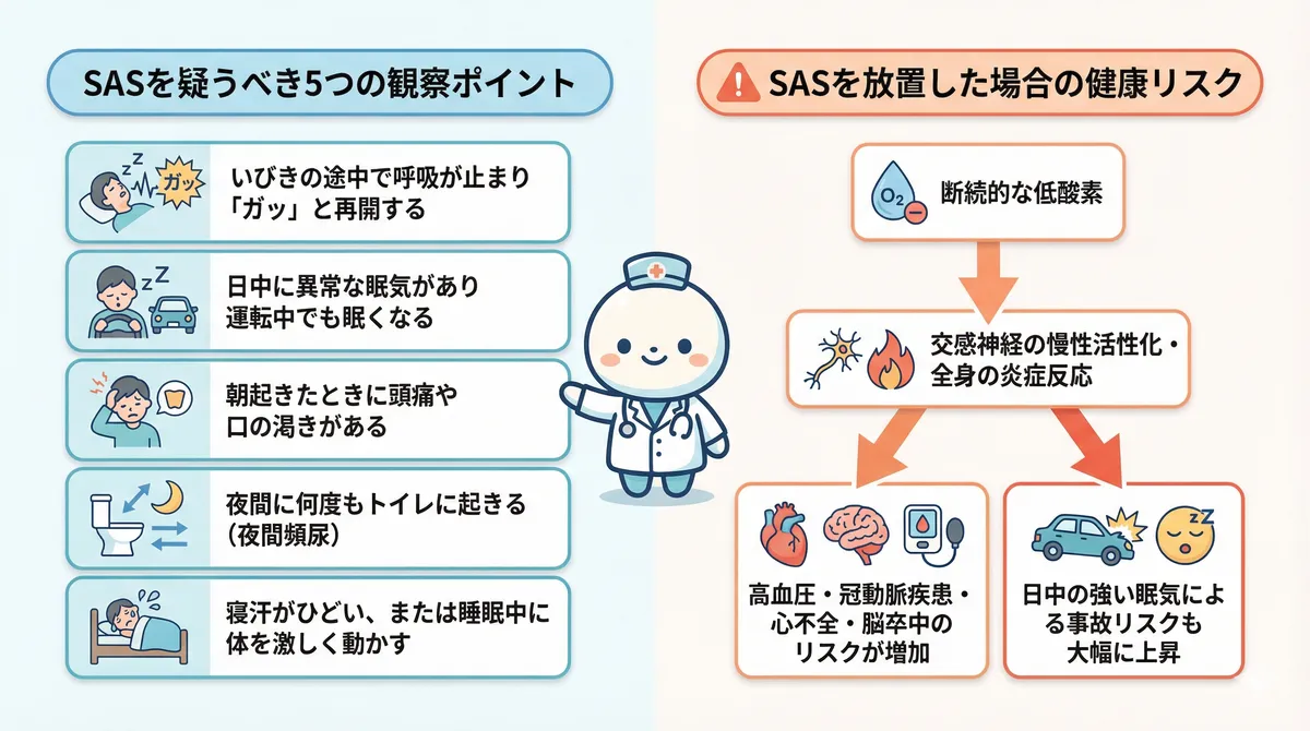 SASを疑うべき5つの観察ポイントと、放置した場合の健康リスクを解説します。