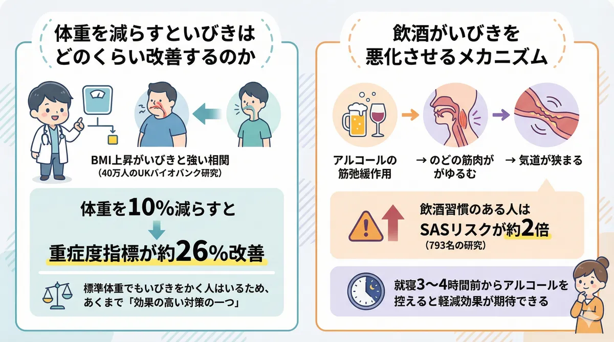 体重を減らすといびきがどのくらい改善するか、飲酒がいびきを悪化させるメカニズムを解説します。